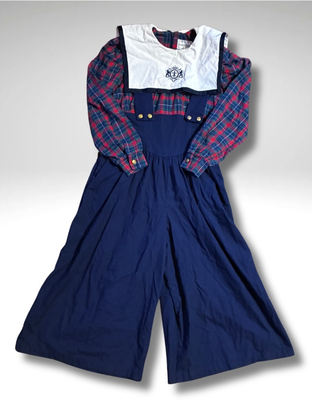 VTG Mist Lane Navy Plaid Nautical Jumpsuit Sailor Crest Collar   5/6